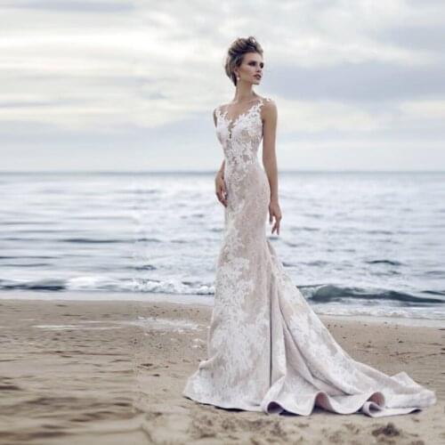 2020 Vintage O-neck Sleeveless Lace Wedding Dresses Mermaid Sheer Back Sweep Train Bride Dress robe mariage