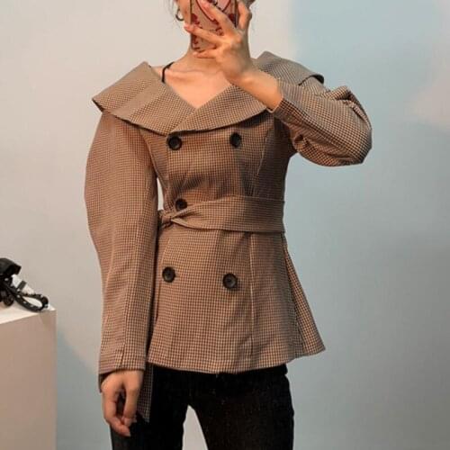 Korean Fashion Plaid Jackets For Women Lapel Collar Long Sleeve Double Breasted Slim Coats Autumn Female Clothing 2021 X783