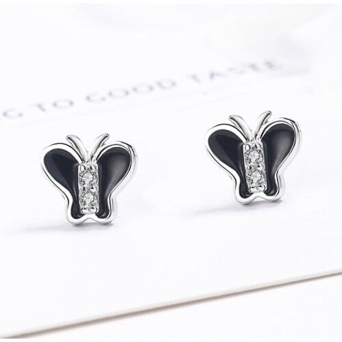 Cute Small Butterfly Stud Earrings Female Vintage Black Enamel Earrings Real 925 Sterling Silver Wedding Earrings For Women Gift