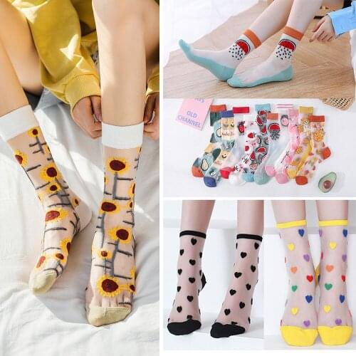 Women Socks With Printed Colorful Cool Thin Female Girl Socks Short Thin Silk Mesh Short Tube Sock Sokken Summer Breathable