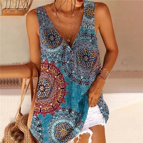 New Summer Floral Printed Tank Tops Women CasualV Neck Button Sleeveless Off Shoulder Loose Vest T-shirts Plus Size S-5XL Ladies