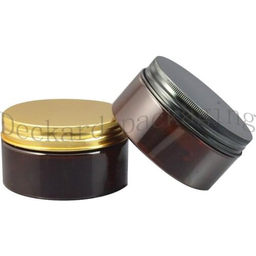 20pcs/lot 200g Empty Travel Make Up Jar Aluminum Top Cover Pot Brown Round Cream Emulsion Jar Cream Plastic Refillable container