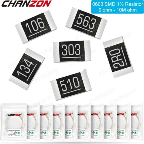100 Pcs SMD 0603 Resistors 0ohm - 10M Ohm 1/10 Watt 1% High Precision Film Chip Fixed Resistance 1K 2.2K 10K 300K 220K 4R7 2K2