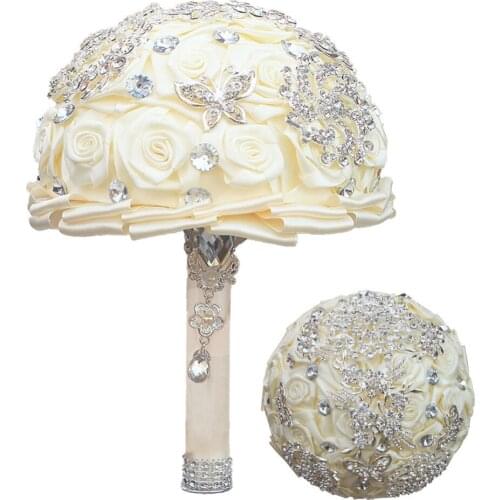 Handmade Diameter 18cm Wedding Bouquets Silver Rhinestone Brooch Accessories Ivory Ribbon Rose Wedding Flower Bridal Bouquet