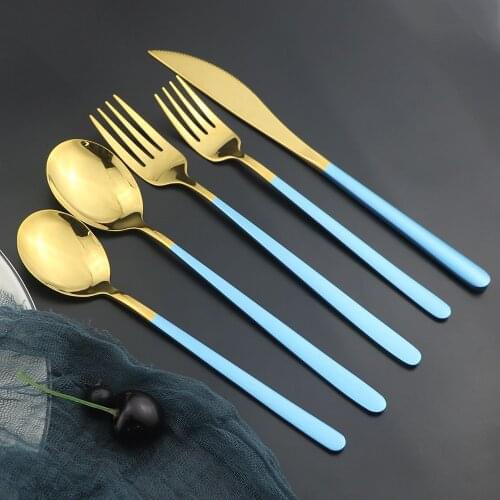 Dinnerware 5Pcs Blue Gold Cutlery Set Flatware Set Gold Stainless Steel 18/10 Cutlery Black Spoon Fork Knife Spoon Set Tableware