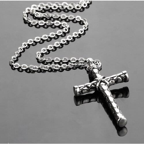 Vintage Jesus Cross Pendant Necklace For Men Stainless Steel Engraved Cross Chain Necklace Neck Choker Male Jewelry Accessories