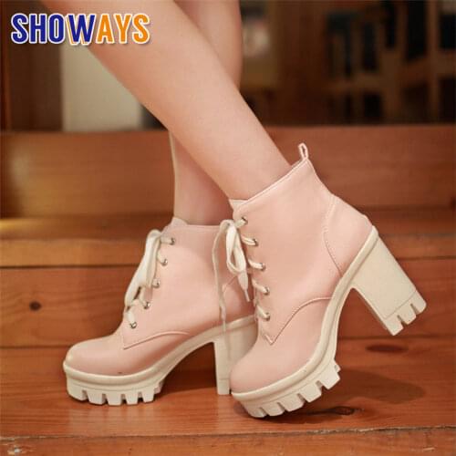 Big Size Winter Women Platform Martin Boots Black Pink High Block Heels Casual Party Office Lady Plush Lace Up Snow Ankle Boots