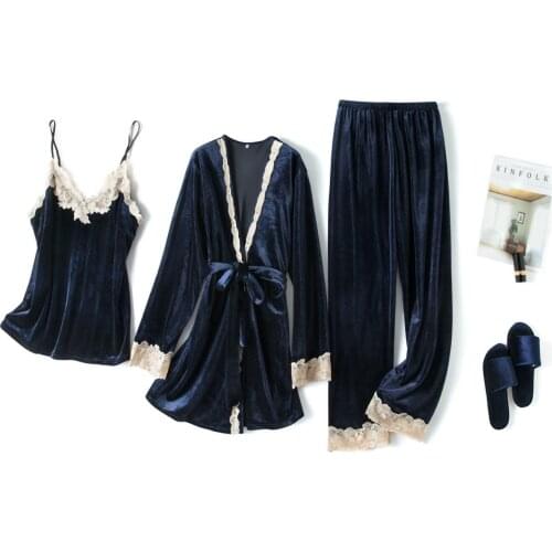 3 Piece Womens Velvety Pajamas Set Nightgown Suspender Pant Sexy Dressing Gown Lace Summer Robe Sleepwear With Chest Pads