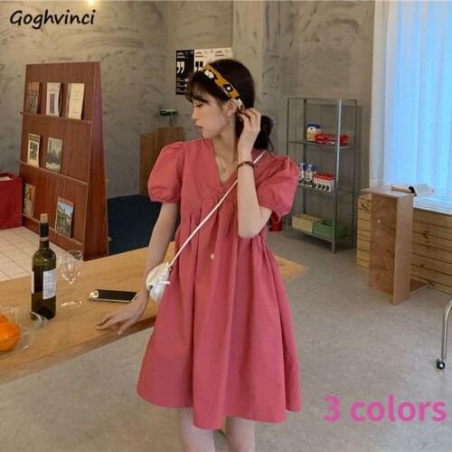 Short Sleeve Dress Women 3 Colors V-neck Mini Summer Kawaii Sweet Mujer Solid Simple Streetwear Leisure Fashion Ulzzang Sundress