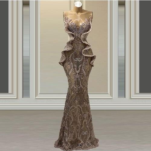 Mermaid вечернее платье 2021 vestidos elegantes para mujer Heavilly Beaded Sheer Neckline Dresses For Women Party