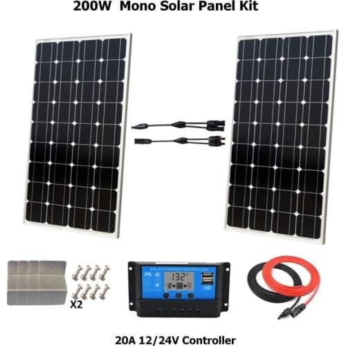 2 pcs 100w Solar Panel Monocrystalline ccell 200W solar system Photovoltaic solar panel 12v battery W/ 20A LCD Solar controller
