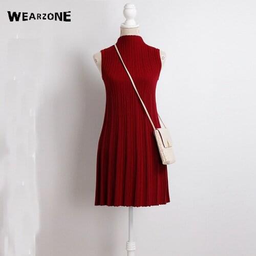 2017 Women Autumn Bandage Knitted Dress Women Turtleneck Sleeveless A-line Striped Fashion Mini Sweater Dress vestidos de fiesta