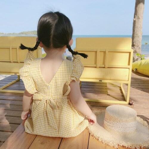 2020 New Baby Girl Children Plaid beach v-neck Girl Princess Dress Cotton Party Toddler Clothes Sweet Elegant Summer Dress1-5Y