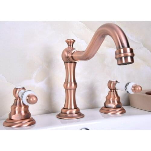 Antique Red Copper Double Ceramic Handle Deck-Mount Three Hole Widespread Bathroom Bathtub Basin Faucet Sink Mixer Tap drg061