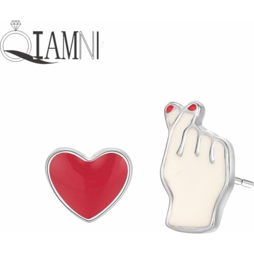 QIAMNI Asymmetric Sweet Than Heart Earrings Creative Girl Hand Heart Fingers Gesture Earrings Korean Hipster Love Jewelry Lover