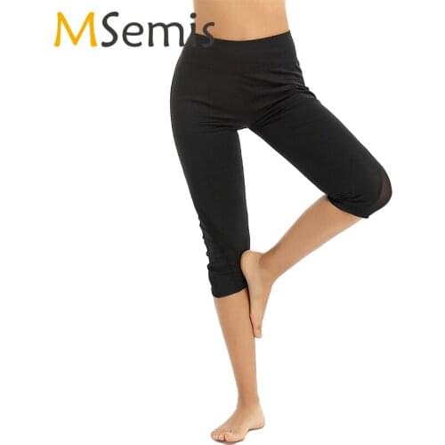Ballet Leggings Women Gymnastic Dancewear High Waist Calf Length Mesh Spliced Dance Pants Fitness Ballet Dance Practice Pants