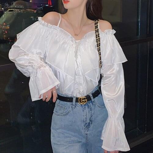 White One-shoulder Sling Blouse Women Autumn Fashion Pleated Shirt Tops Long-sleeved Solid Elegant Ruffled Women Blouse 16412