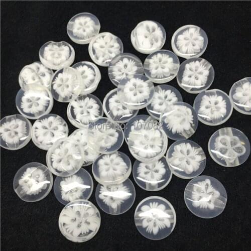 200pcs/lot 14mm White Shiny Round Resin Buttons 2-Hole Sewing Buttons With Flower Design Inside For Scrapbooking