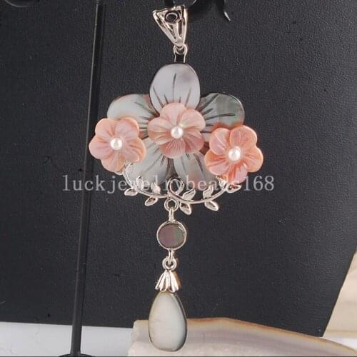 Free Shipping Women Fashion Jewelry 40x88mm Beautiful Mother of pearl Shell Flower Drop Pendant Bead C3866