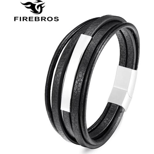 FIREBROS 2021 New Stainless Steel Magnet Clasp Genuine Leather Multilayers Charm Wrap Bracelet Armband Men Women Boho Jewelry