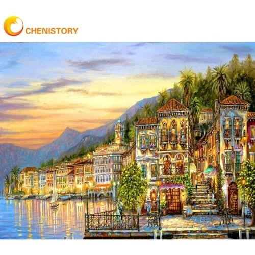 CHENISTORY Frame Painting By Numbers Kits For Adults Gold House Seaside Landscape Picture By Number 60x75cm Acrylic Drawing Arts