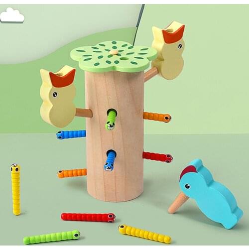 Kid Wooden Magnetic Pretend Woodpecker Catch Worm Insect Game e Catch Worm Educational Puzzle For Child Develop Toys