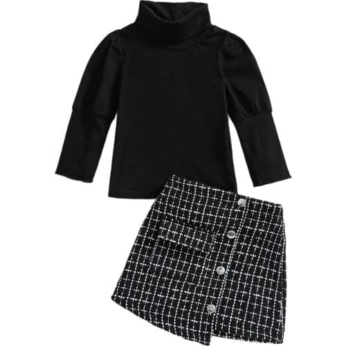 1-4Years Baby Plaid Half Dress Tops Set Long Sleeve High Neck Knitwear Side Pockets Irregular Hem Skirt