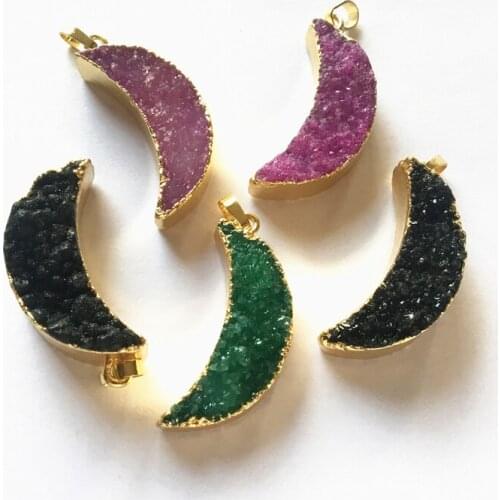 FUWO Hot Sale Natural Druzy Agates Pendant With Gold Color Plated Half Moon Semi Precious Jewelry For Necklace Making PD331