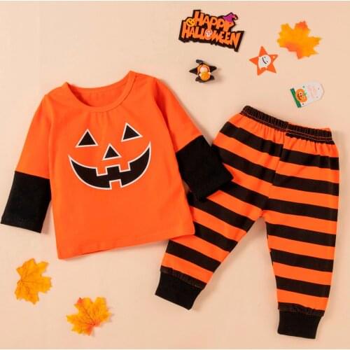 2021 Toddler Baby Boys Girls Halloween Pumpkin Tops+Stripe Pants Outfits Set Newborn Autumn Clothes Set