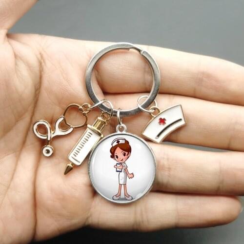 Paint Fashion Creative Nurse Medical Syringe Stethoscope Image Keychain Glass Suitable Nurses and Doctors Key Ring Pendant Gift