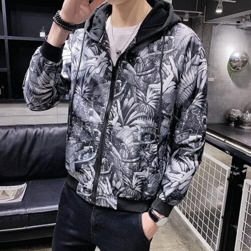 Casual Hip Hop Baseball Collar Fashion Flower Print Streetwear 2020 Hooded Loose Mens Bomber Jacket Men
