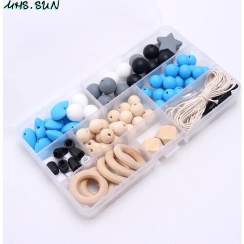 MHS.SUN blue&black&grey silicone beads set baby teething teether original wood for handmade diy pacifier chain nursing necklace
