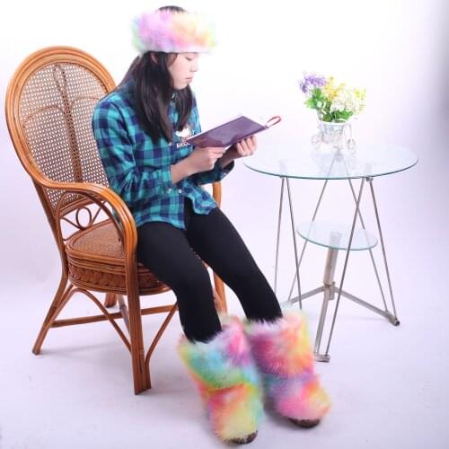 New Womens Mid-calf Boots Faux Fur Winter Warm Snow Boots Flat Mixed Color Shoes Outside C3