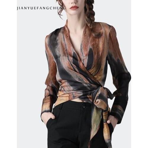 Fashion Orange Print Chiffon Blouses Women Crossed Lace-Up V-Neck Long Sleeve New Spring Summer Tops Female Office Casual Blouse