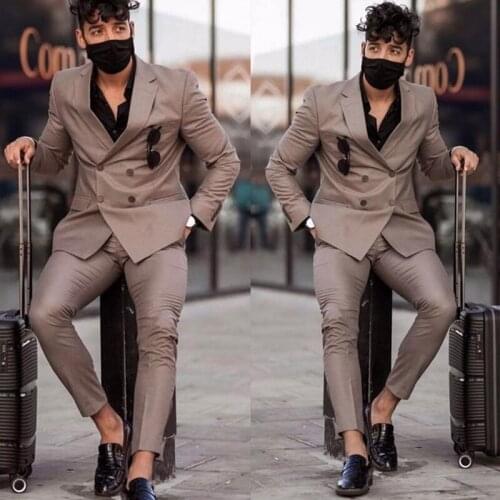 Casual Brown Double Breasted Men Suits Costume Homme Slim Fit Tuxedo Wedding Groom Terno Masculino Blazer 2 Pieces(Jacket+Coat)