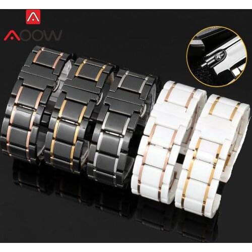 Ceramic Strap 20mm 22mm Stainless Steel Butterfly Buckle Rose Gold Metal Line Men Women Replacement Bracelet Watch Wrist Band