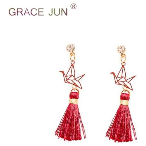 GRACE JUN Gold Color Rhinestone Tassel Screw Clip on Earrings Fashion Popular Thousand Paper Cranes Student No Pierced Earrings