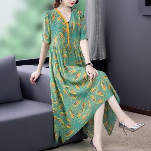 Silk Dress Female Spring And Summer 2021 New Style Large Size V-Neck Dress Women Short Sleeve Fashion Print Ladies Clothes y1599
