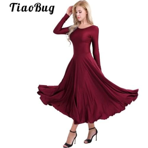 TiaoBug Women Modern Ballroom Stage Contemporary Lyrical Dance Costumes Adult Long Sleeve Solid Color Ballet Dance Long Dress