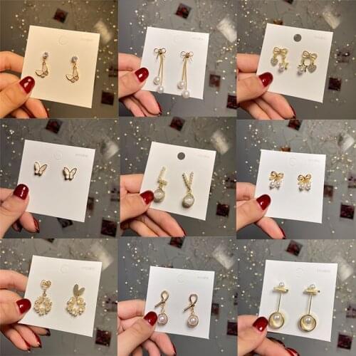 Korean Butterfly Tassel Pearl Stud Earrings For Women Fashion Geometric Gold Moon Star Stud Earrings Gifts Jewelry