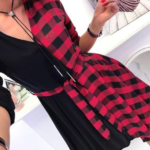 Vintage Plaid Patchwork Mini Dress For Women Elegant V-neck Long Sleeve Sashes Party Dress Casual Punk Style Dresses Vestidos