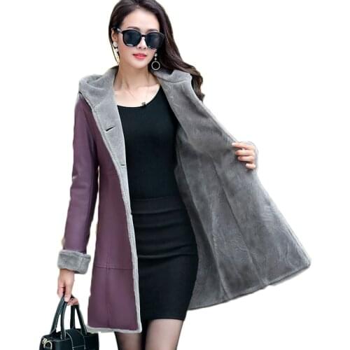 NEW Boutique Women winter leather jacket Fur Together coats Medium length Hooded trench Plus size 7XL Thicker Leather jackets