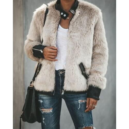 Women Warm Teddy Bear Fleece Leather Patchwork Pocket Long Sleeve Slim Jacket Zip Up Oversize Outwear Coats