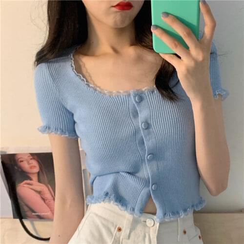 New Fashion Girl Summer Knitted Jacket Slim Short Cardigan Women Clothing Cropped Tops Short Sleeve V-neck Blouse Embroidery