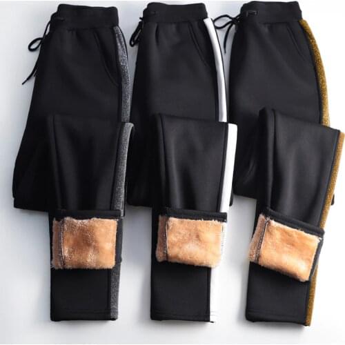 OUMENGKA Winter Cashmere Harem Pants Women Casual Thick Warm Lambskin Cashmere Black Side Striped Loose Plus Size S-5XL Trousers