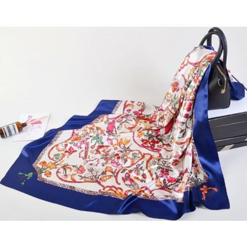 Fashion Silk Scarf Women Flower Print Satin Head Hijab Scarfs Luxury Brand Foulard Colors Square Scarves Beach Shawls 90x90cm