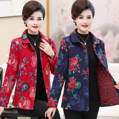 Middle-aged Womens Long-sleeved Cotton Coat Female Mother Autumn Lapel Padded Coat Women Printed Cotton Coat Female Tops E305