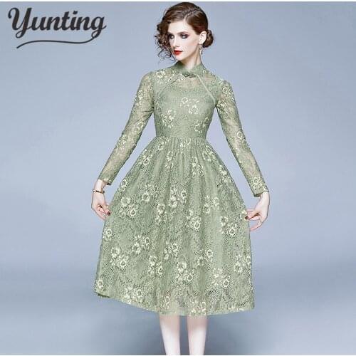 Autumn Runway Flower Embroidery Lace Dress Woman Vintage Crochet Floral Hollow Out Long Sleeve Party Vestidos