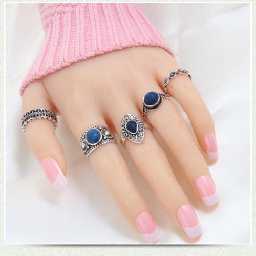 5Pcs/Set Bohemian Vintage Blue Stone Alloy Finger Ring Women Charming Jewelry