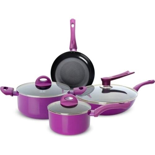 FREE SHIPPING nonstick cooking pans set purple 7pcs set cooking pots and pans wok soup pot milk pot frying pan